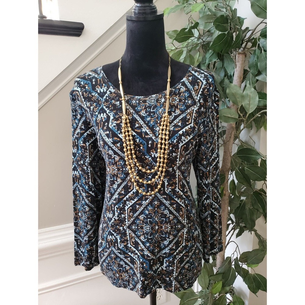 Chico's Black Multicolor Round Neck Long Sleeve Casual Top Blouse Size 2 (Large)